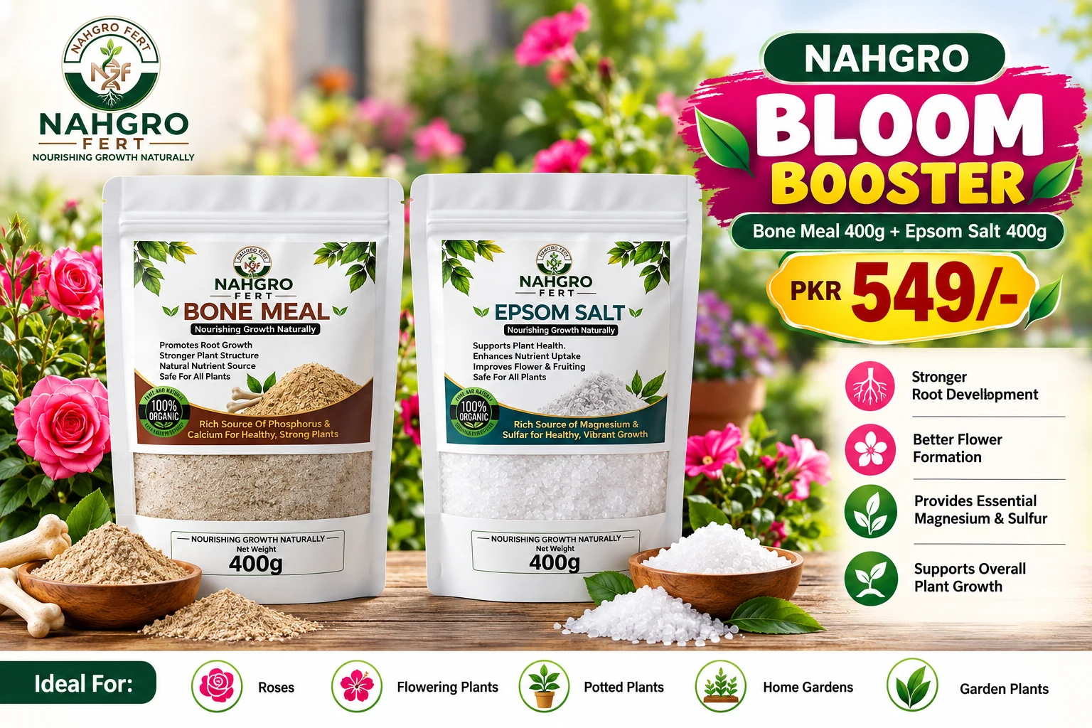 NAHGRO FERT Bloom Booster — Bone Meal 400g + Epsom Salt 400g for Rs. 549