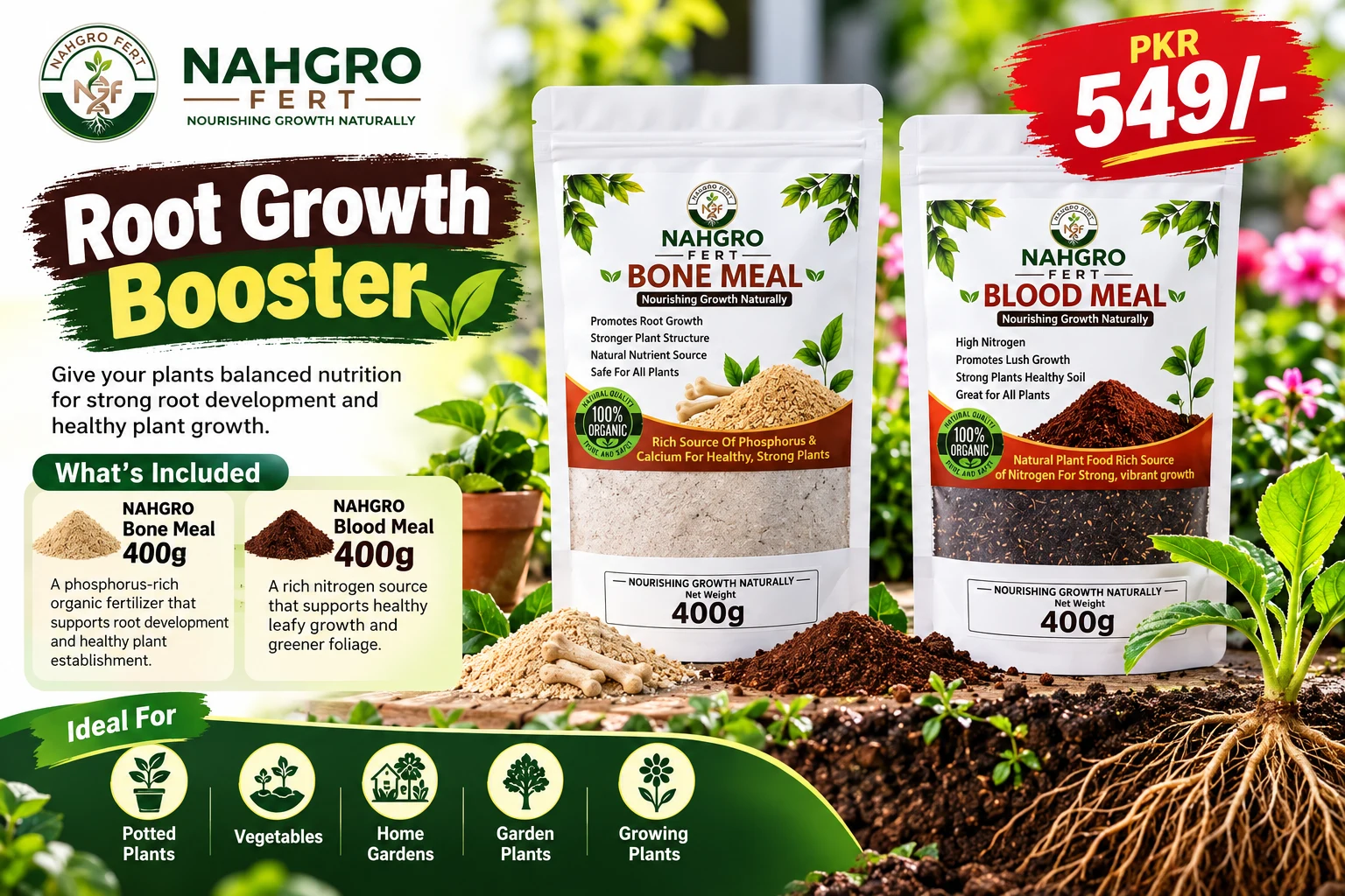 NAHGRO FERT Root Growth Booster — Bone Meal 400g + Blood Meal 400g for Rs. 549