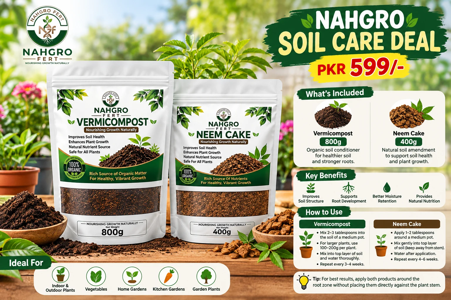 NAHGRO FERT Soil Care Deal — Vermicompost 800g + Neem Cake 400g for Rs. 599